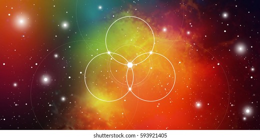 Flower of life. Sacred geometry website banner with golden ratio numbers, interlocking circles, flows of energy and particles in front of outer space background. The formula of nature.