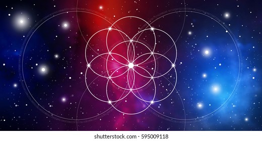 Flower of life. Sacred geometry website banner with golden ratio numbers, interlocking circles, flows of energy and particles in front of outer space background. The formula of nature.