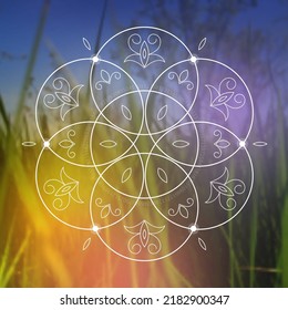 Flower of life sacred geometry zentangle inspired design template with oriental tribal ornaments. Ornamental new age art.