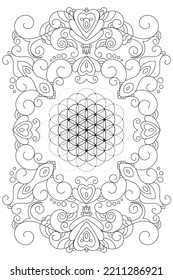 
Flower of life. Sacred geometry zentangle inspired design template with oriental tribal ornaments. Black and white coloring book style new age ar