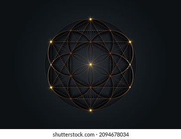 Flower of Life, Seed of life symbol Sacred Geometry, mystic mandala of alchemy esoteric sign. Golden luxury logo Vector isolated on black background