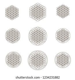 Flower of life. Set of nine black icons