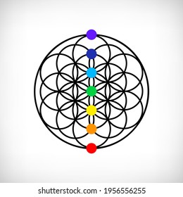 Flower of life with seven colorful chakras, sacred geometry symbol. Esoteric background for key chain. Decorative round backdrop, key chain pattern collection. Vector laser cutting illustration.