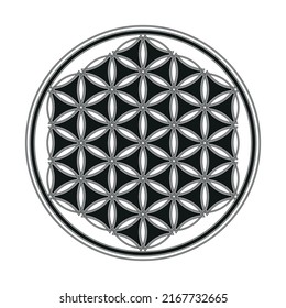 Flower of life symbol in black and white in a medieval, Celtic style, forming an endless knot. Geometrical figure, composed of multiple evenly-spaced, overlapping circles.