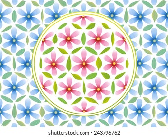 Flower of life symbol - composed of pink flowers and green leaves - and blue flowers in the background. Isolated vector illustration.