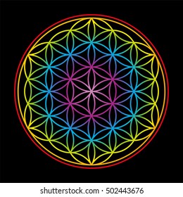 Flower of Life, symbol of harmony - rainbow gradient colored illustration on black background.