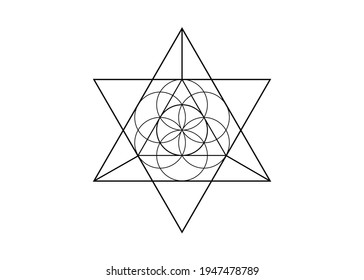 Flower of Life symbol Metatron Merkaba Sacred Geometry. Logo icon  Geometric mystic mandala of alchemy esoteric Seed of life. Vector black tattoo divine meditative amulet isolated on white background