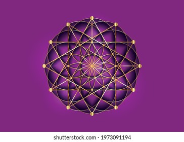 Flower of Life symbol Metatron Merkaba Sacred Geometry. Logo icon  Geometric mystic mandala of alchemy esoteric Seed of life. Vector gold neon divine meditative amulet isolated on purple background