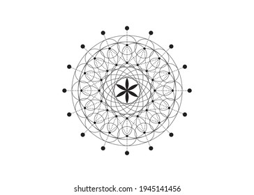 Flower of Life symbol Sacred Geometry.  Geometric mystic mandala of alchemy esoteric Seed of life. Vector dotted line art black and white divine meditative amulet isolated on white background