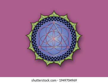 Flower of Life symbol Sacred Geometry. Colorful Lotus round Logo icon  Geometric mystic mandala of alchemy esoteric Seed of life. Vector divine meditative amulet isolated on purple background