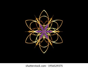Flower of Life symbol Sacred Geometry. Gold luxury Logo icon round geometric mystic purple mandala of alchemy esoteric Seed of life. Vector divine meditative amulet isolated on black background