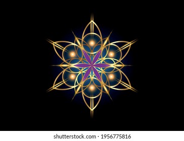 Flower of Life symbol Sacred Geometry. Shiny Gold luxury Logo icon round geometric mystic purple mandala of alchemy esoteric Seed of life. Vector divine meditative amulet isolated on black background