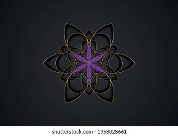 Flower of Life symbol Sacred Geometry. Gold luxury Logo icon round geometric mystic purple mandala of alchemy esoteric Seed of life. Vector divine meditative amulet isolated on black background