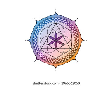 Símbolo de la flor de la vida Geometría sagrada. Gradiente colorido Icono Logotipo redondo Logotipo Mandala mística geométrica de la semilla de vida esotérica de alquimia. Amuleto meditativo vectorial divino aislado en fondo blanco