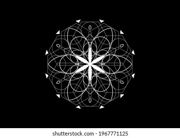 Flower of Life symbol Sacred Geometry. Logo icon Geometric mystic mandala of alchemy esoteric Seed of Life. Vector white line art tattoo divine meditative amulet isolated on black background