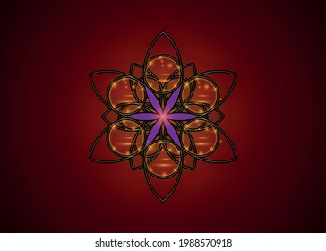 Flower of Life symbol Sacred Geometry. Gold luxury Logo icon round geometric mystic purple lotus mandala of alchemy esoteric Seed of life. Vector divine meditative amulet isolated on red background