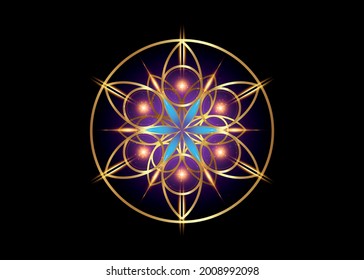 Flower of Life symbol Sacred Geometry. Gold luxury Logo icon round geometric mystic blue lotus mandala of alchemy esoteric Seed of life. Vector divine meditative amulet isolated on black background