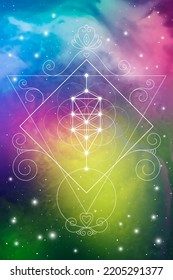 Flower of life. Tree of life. Philosopher stone. Merkaba. Sri Yantra. Sacred geometry zentangle inspired design template with oriental tribal ornaments. Ornamental new age art. Space background.