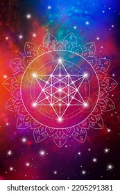 Flower of life. Tree of life. Philosopher stone. Merkaba. Sri Yantra. Sacred geometry zentangle inspired design template with oriental tribal ornaments. Ornamental new age art. Space background.