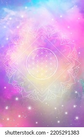 Flower of life. Tree of life. Philosopher stone. Merkaba. Sri Yantra. Sacred geometry zentangle inspired design template with oriental tribal ornaments. Ornamental new age art. Space background.