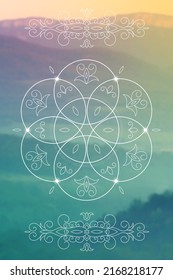 Flower of Life and Tree of Life Sacred Geometry zentangle inspired design template with oriental tribal ornaments. Ornamental new age art.Meditation symbol in front of blurry nature background.