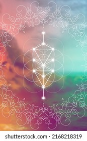 Flower of Life and Tree of Life Sacred Geometry zentangle inspired design template with oriental tribal ornaments. Ornamental new age art.Meditation symbol in front of blurry nature background.