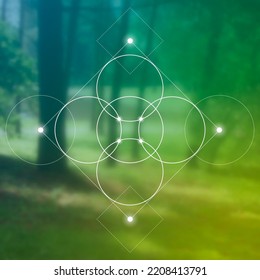 Flower of life. Tree of life. Sacred geometry spiritual new age futuristic illustration with transmutation interlocking circles, triangles and glowing particles