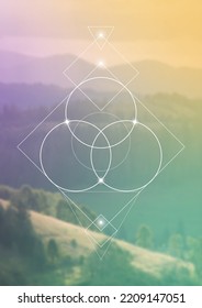Flower of life. Tree of life. Sacred geometry spiritual new age futuristic illustration with transmutation interlocking circles, triangles and glowing particles