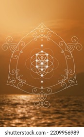 Flower of life. Tree of life.  Sacred geometry zentangle inspired design template with oriental tribal ornaments. Ornamental new age art.