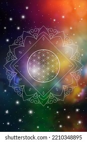 Flower of life. Tree of life. Sacred geometry zentangle inspired design template with oriental tribal ornaments. Ornamental new age art.  Space background.