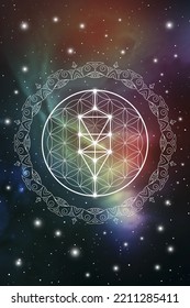 
Flower of life. Tree of life. Sacred geometry spiritual new age futuristic illustration with transmutation interlocking circles, triangles and glowing particle