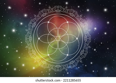 
Flower of life. Tree of life. Sacred geometry spiritual new age futuristic illustration with transmutation interlocking circles, triangles and glowing particle