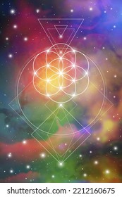 Flower of life. Tree of life. Sacred geometry spiritual new age futuristic illustration with transmutation interlocking circles, triangles and glowing particles