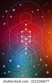 Flower of life. Tree of life. Sacred geometry spiritual new age futuristic illustration with transmutation interlocking circles, triangles and glowing particles