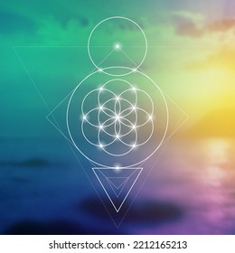 Flower of life. Tree of life. Sacred geometry spiritual new age futuristic illustration with transmutation interlocking circles, triangles and glowing particles