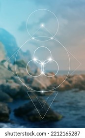Flower of life. Tree of life. Sacred geometry spiritual new age futuristic illustration with transmutation interlocking circles, triangles and glowing particles