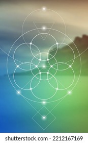 Flower of life. Tree of life. Sacred geometry spiritual new age futuristic illustration with transmutation interlocking circles, triangles and glowing particles