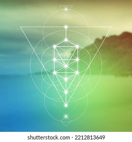 Flower of life. Tree of life. Sacred geometry spiritual new age futuristic illustration with transmutation interlocking circles, triangles and glowing particles