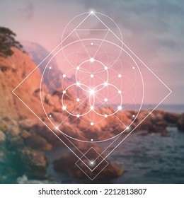 Flower of life. Tree of life. Sacred geometry spiritual new age futuristic illustration with transmutation interlocking circles, triangles and glowing particles
