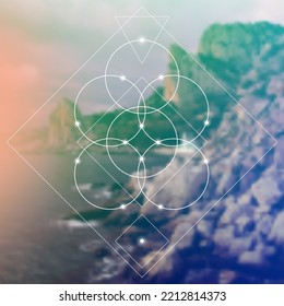 Flower of life. Tree of life. Sacred geometry spiritual new age futuristic illustration with transmutation interlocking circles, triangles and glowing particles