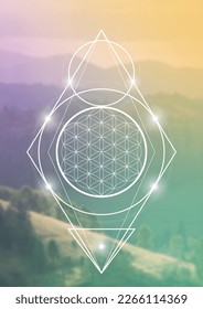 Flower of life. Tree of life. Sacred geometry spiritual new age futuristic illustration with transmutation interlocking circles, triangles and glowing particles