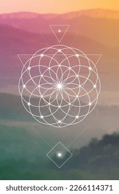 Flower of life. Tree of life. Sacred geometry spiritual new age futuristic illustration with transmutation interlocking circles, triangles and glowing particles