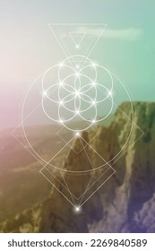 Flower of life. Tree of life. Sacred geometry spiritual new age futuristic illustration with transmutation interlocking circles, triangles and glowing particles