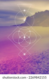 Flower of life. Tree of life. Sacred geometry spiritual new age futuristic illustration with transmutation interlocking circles, triangles and glowing particles