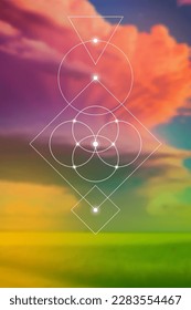 Flower of life. Tree of life. Sacred geometry spiritual new age futuristic illustration with transmutation interlocking circles, triangles and glowing particles