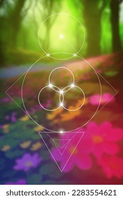 Flor de vida. Árbol de vida. Geometría sagrada nueva era espiritual ilustración futurista con círculos interbloqueantes transmutados, triángulos y partículas brillantes