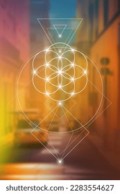 Flower of life. Tree of life. Sacred geometry spiritual new age futuristic illustration with transmutation interlocking circles, triangles and glowing particles