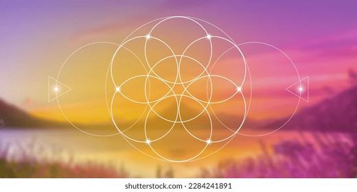 Flower of life. Tree of life. Sacred geometry spiritual new age futuristic illustration with transmutation interlocking circles, triangles and glowing particles