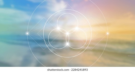 Flower of life. Tree of life. Sacred geometry spiritual new age futuristic illustration with transmutation interlocking circles, triangles and glowing particles