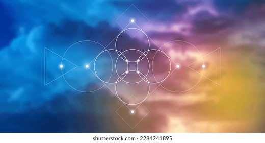 Flower of life. Tree of life. Sacred geometry spiritual new age futuristic illustration with transmutation interlocking circles, triangles and glowing particles
